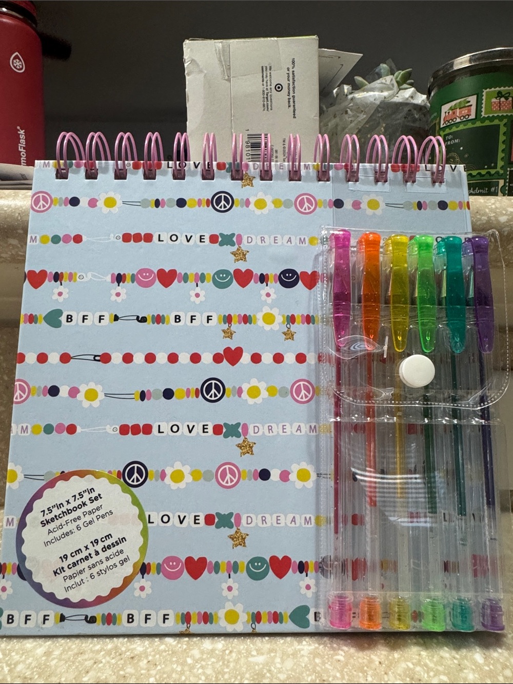Spiral-Bound Blue Patterned Sketchbook with Pink Coil and 6 Gel Pens